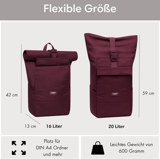 LARKSON Rucksack Damen & Herren - No 4 - Rolltop Backpack Mit Laptopfach Uni, Arbeit & Fahrrad - Großer Reiserucksack - Wasserabweisend