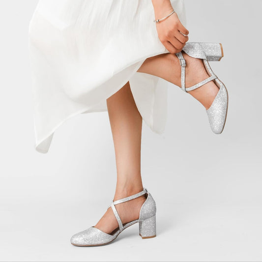 Greatonu Damen Pumps Riemchenpumps Spangenpumps Sandale Mit Kreuz Knöchelriemen Blockabsatz Geschlossener Spitze Glitzer Pumps - Perfekt Für Hochzeiten Und Partys