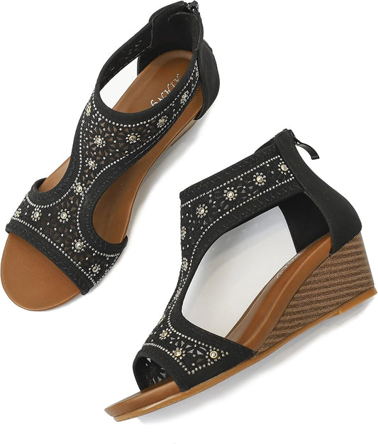 FRALOSHA Sandalen Damen Keilsandalen Sommer Offene Zehen Lässig Mit Absatz Strandsandalen Plateau Sommerschuhe