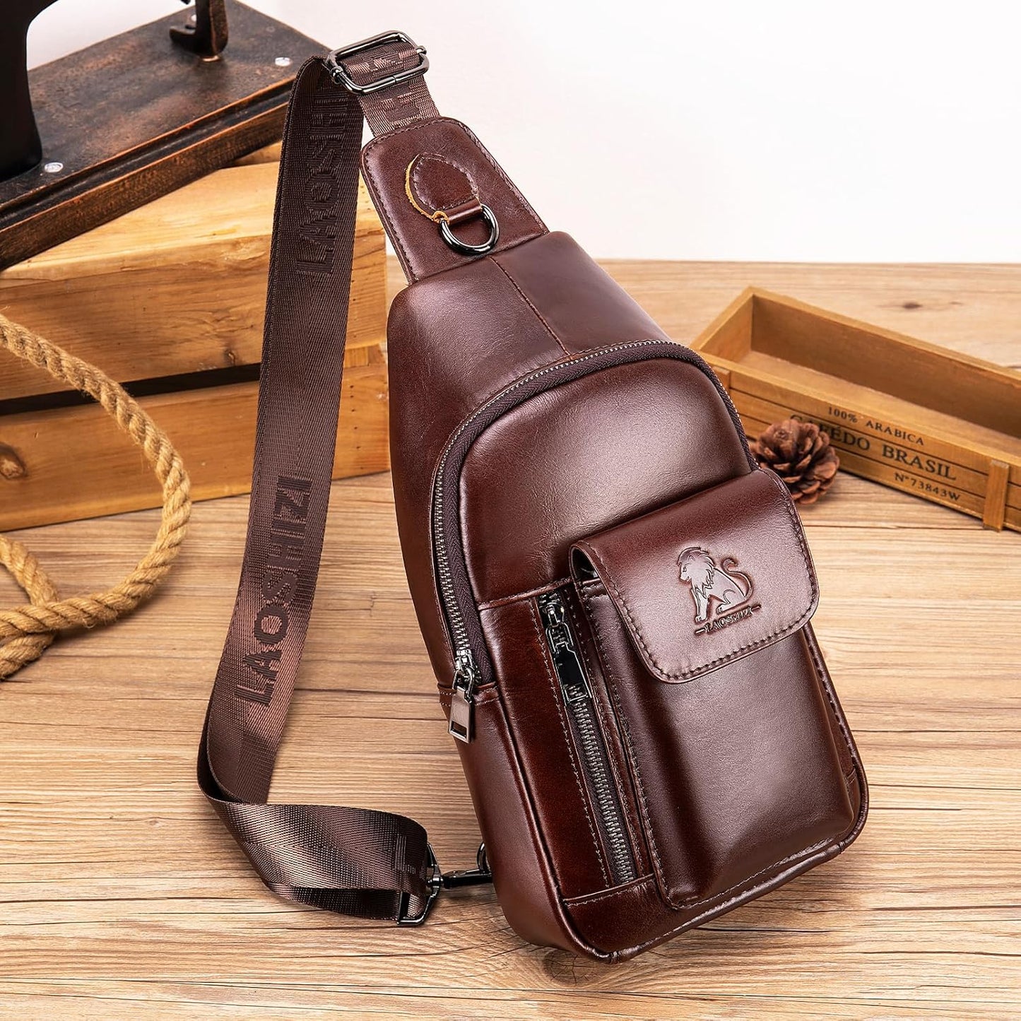 Pundarika Umhängetasche Herren Leder Brusttasche Herren Sling Bag,Männer Tasche Echtes Leder Crossbody Bag,Tasche Schultertasch Multifunktional,Verstellbarer Schultergurt