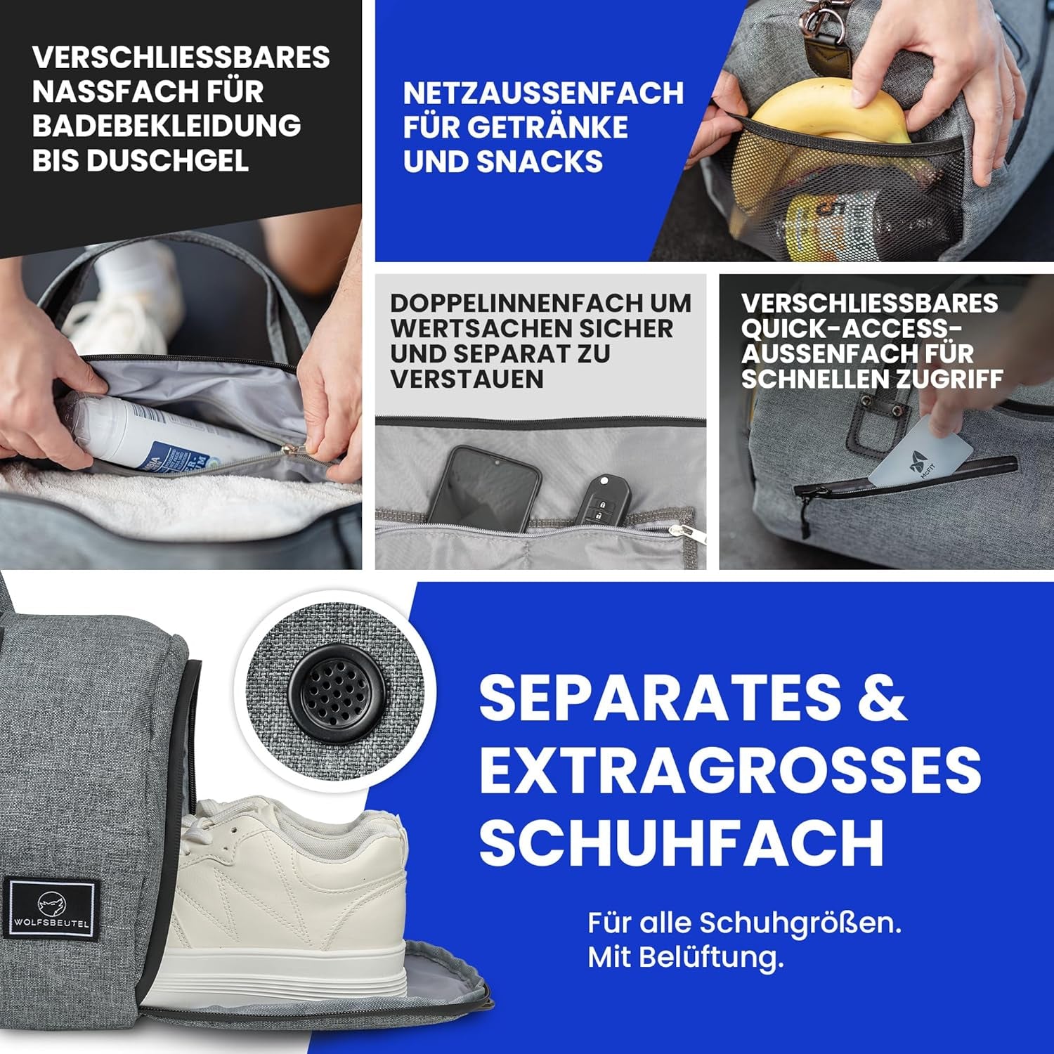 𝗪𝗢𝗟𝗙𝗦𝗕𝗘𝗨𝗧𝗘𝗟® 30L Sporttasche & Reisetasche Für Damen & Herren Mit Schuhfach & Nassfach | Wasserdicht/Wasserabweisend | Schultergurt Weekender Badetasche Schwimmtasche Gym Bag Duffle Bag