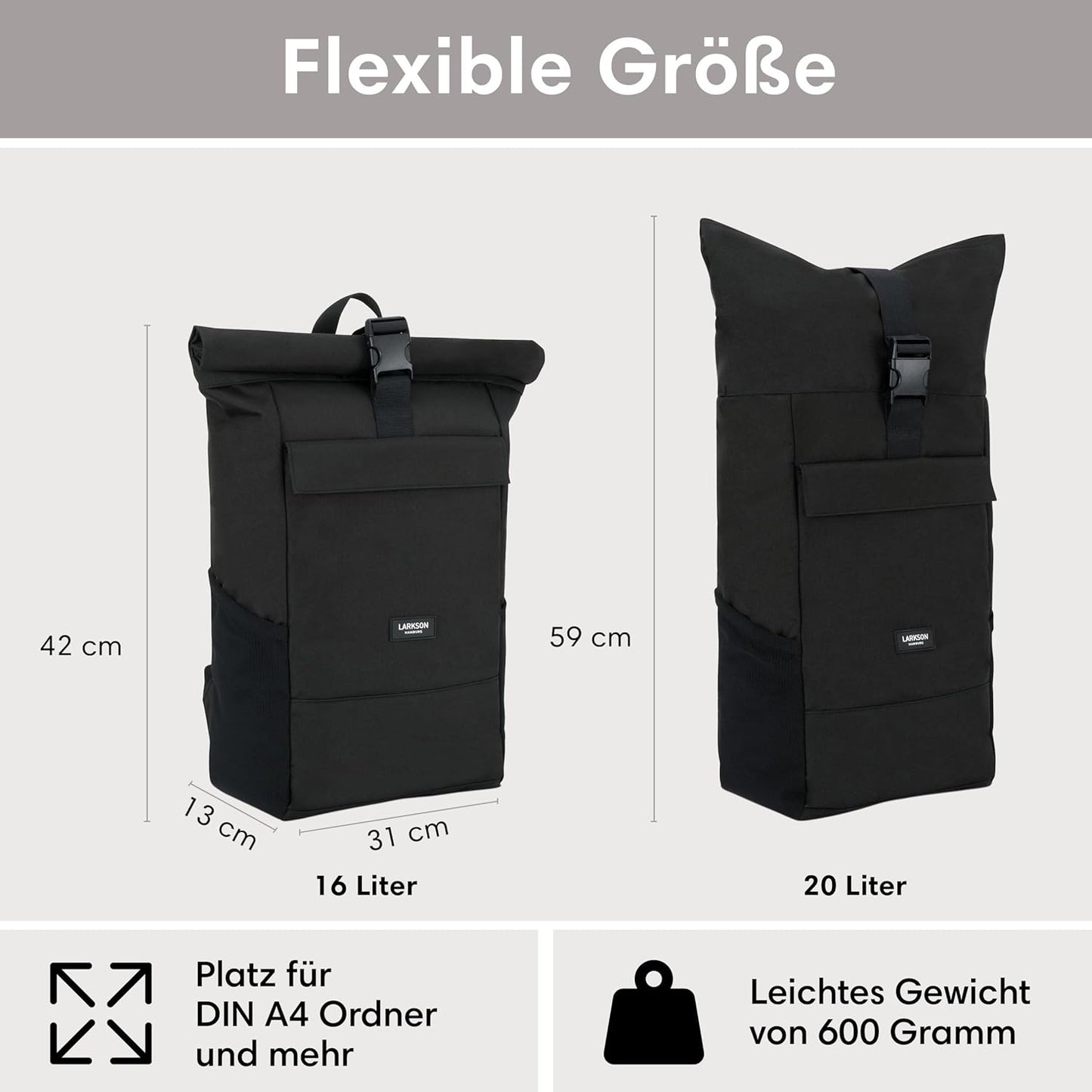 LARKSON Rucksack Damen & Herren - No 4 - Rolltop Backpack Mit Laptopfach Uni, Arbeit & Fahrrad - Großer Reiserucksack - Wasserabweisend