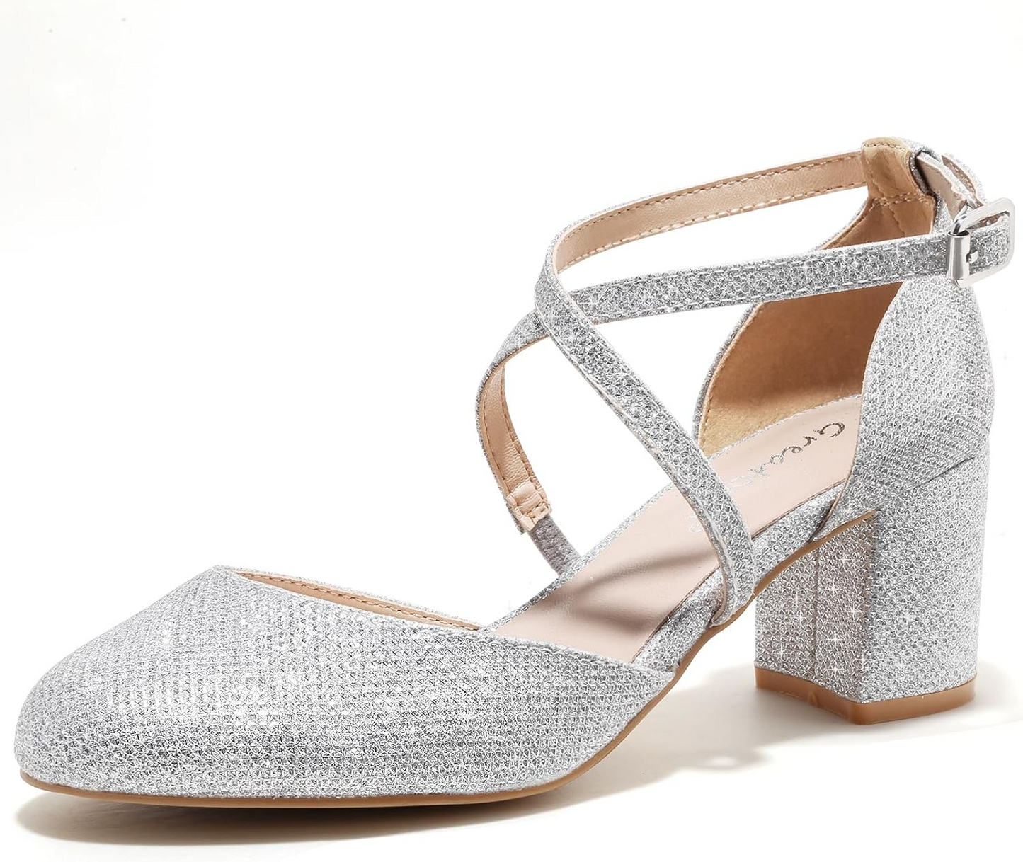 Greatonu Damen Pumps Riemchenpumps Spangenpumps Sandale Mit Kreuz Knöchelriemen Blockabsatz Geschlossener Spitze Glitzer Pumps - Perfekt Für Hochzeiten Und Partys