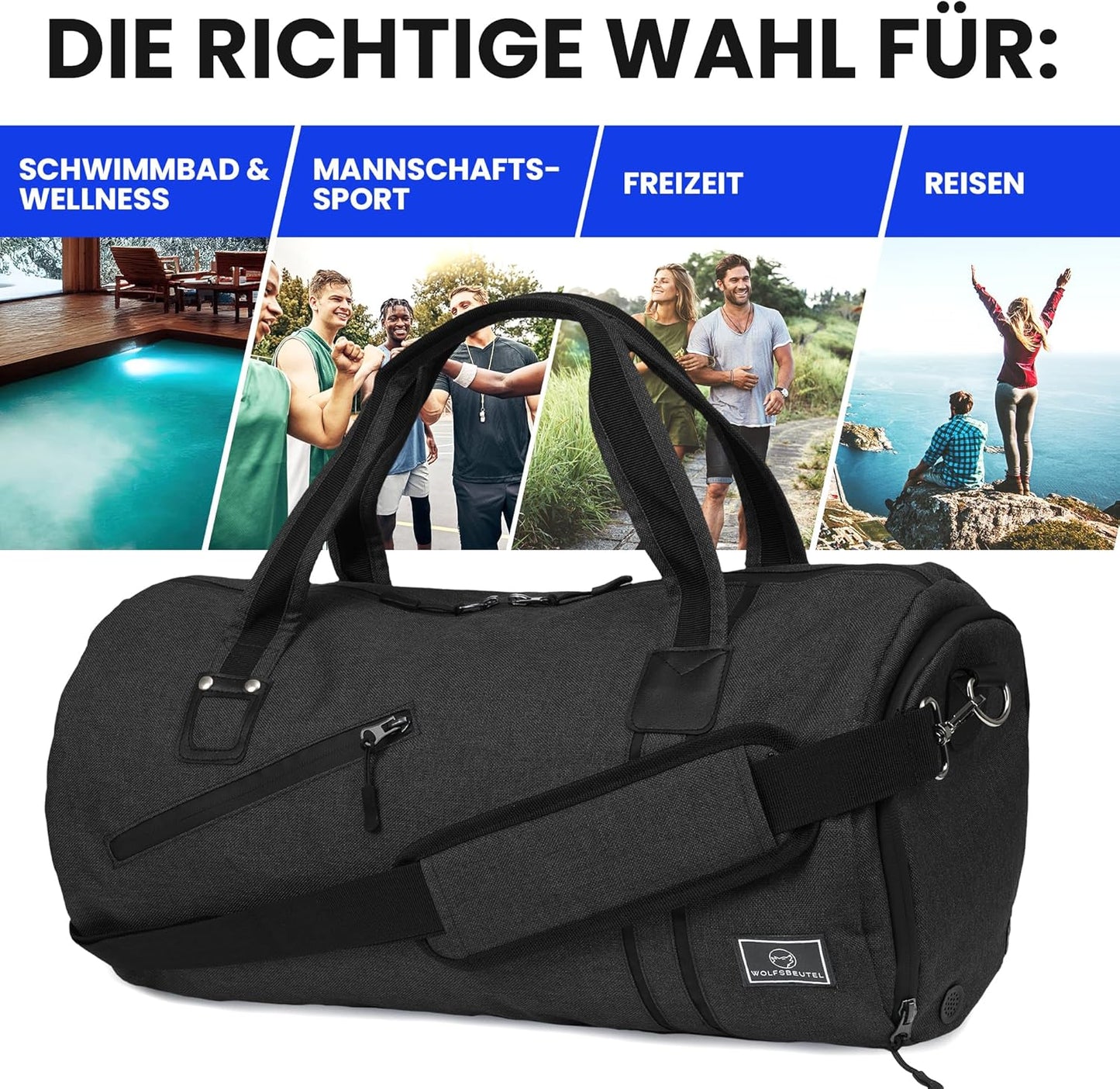 𝗪𝗢𝗟𝗙𝗦𝗕𝗘𝗨𝗧𝗘𝗟® 50L Sporttasche & Reisetasche Für Damen & Herren Mit Schuhfach & Nassfach | Wasserdicht/Wasserabweisend | Schultergurt Weekender Badetasche Schwimmtasche Gym Bag Duffle Bag