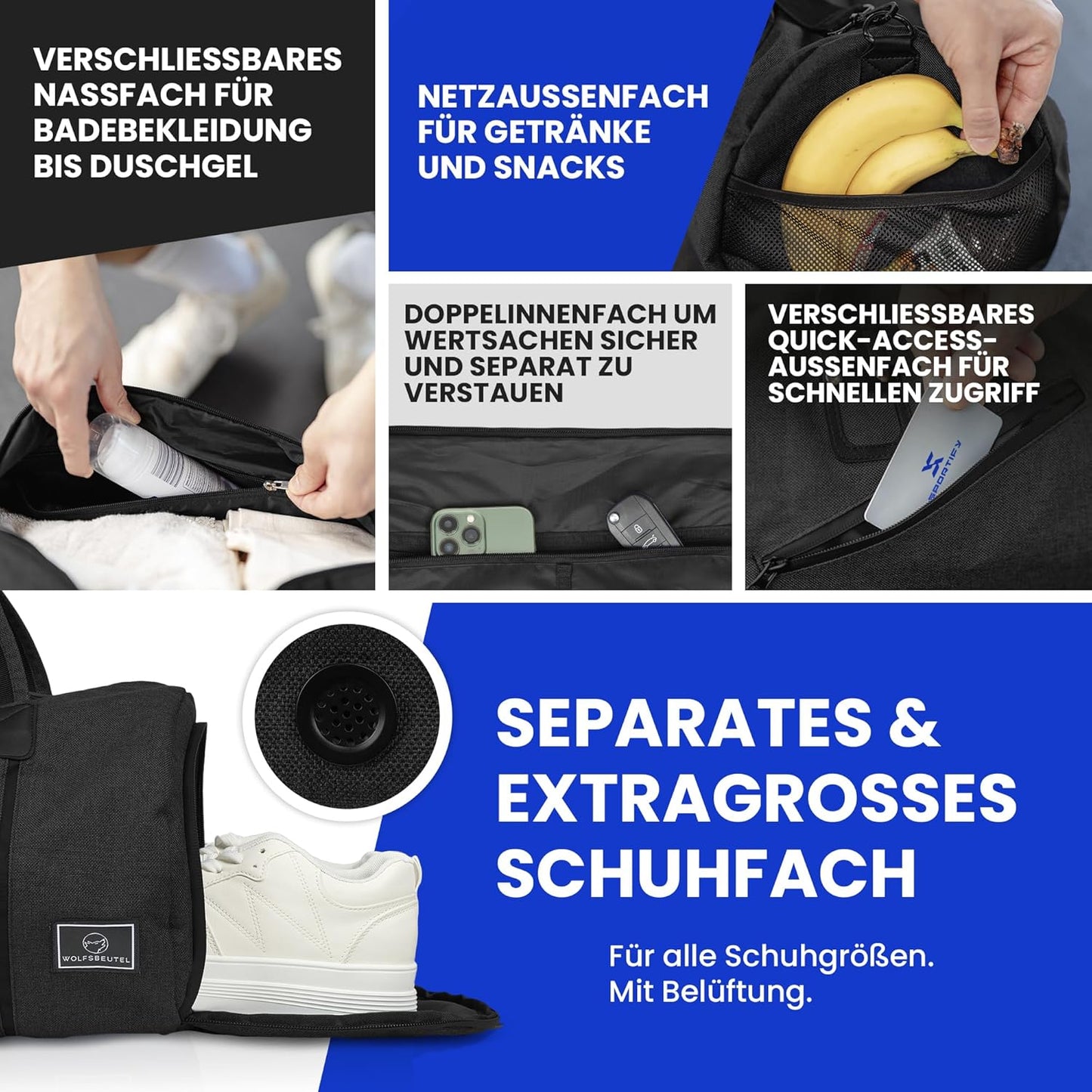 𝗪𝗢𝗟𝗙𝗦𝗕𝗘𝗨𝗧𝗘𝗟® 50L Sporttasche & Reisetasche Für Damen & Herren Mit Schuhfach & Nassfach | Wasserdicht/Wasserabweisend | Schultergurt Weekender Badetasche Schwimmtasche Gym Bag Duffle Bag