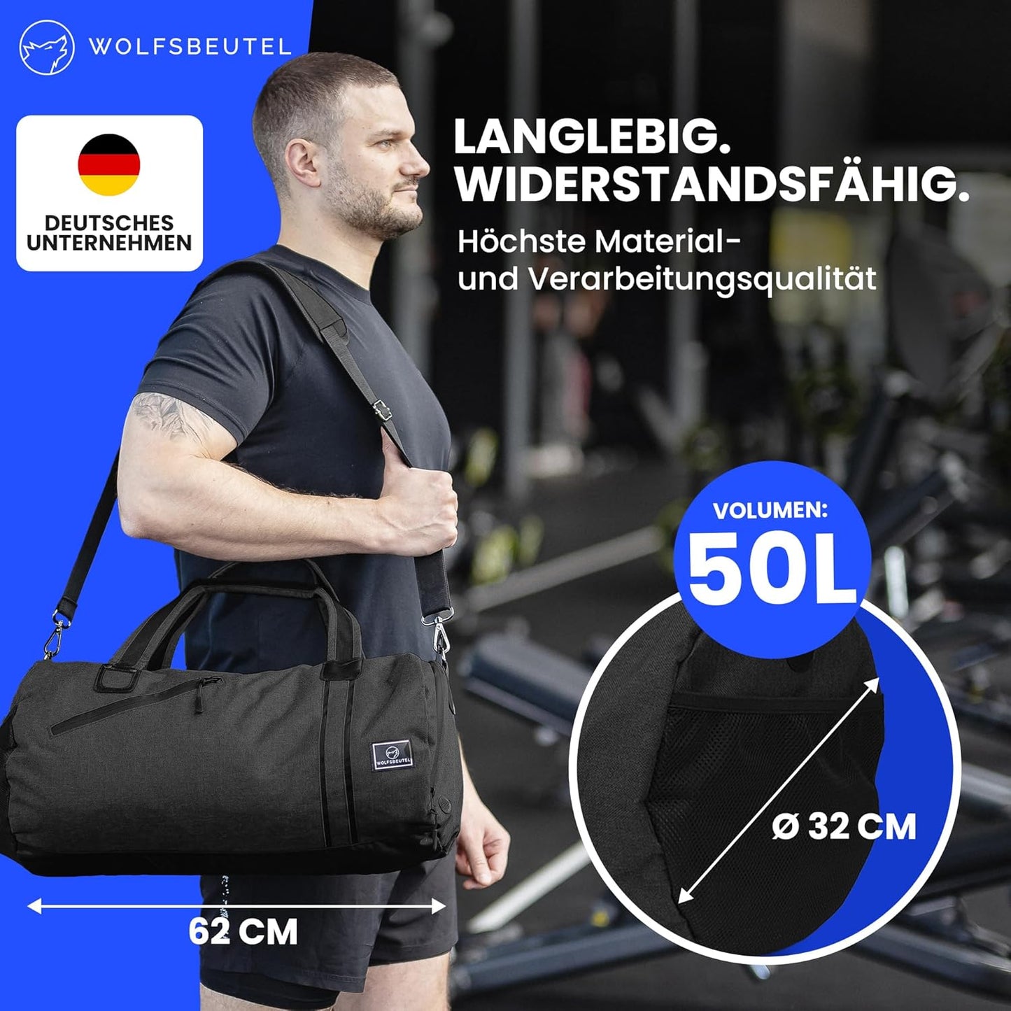 𝗪𝗢𝗟𝗙𝗦𝗕𝗘𝗨𝗧𝗘𝗟® 50L Sporttasche & Reisetasche Für Damen & Herren Mit Schuhfach & Nassfach | Wasserdicht/Wasserabweisend | Schultergurt Weekender Badetasche Schwimmtasche Gym Bag Duffle Bag