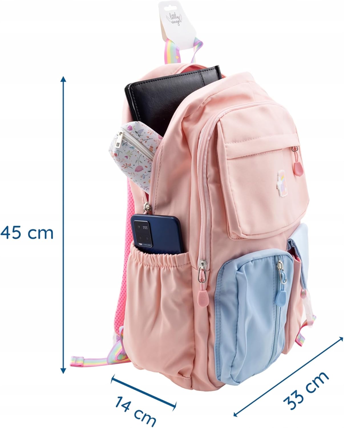 Little Angel Großer Schulrucksack Mädchen Teenager – Rucksack Für Schule & Alltag – Rosa Oder Schwarz – Viel Stauraum, Regenbogen Design, Laptopfach – Leicht, Wasserabweisend, Gepolstert