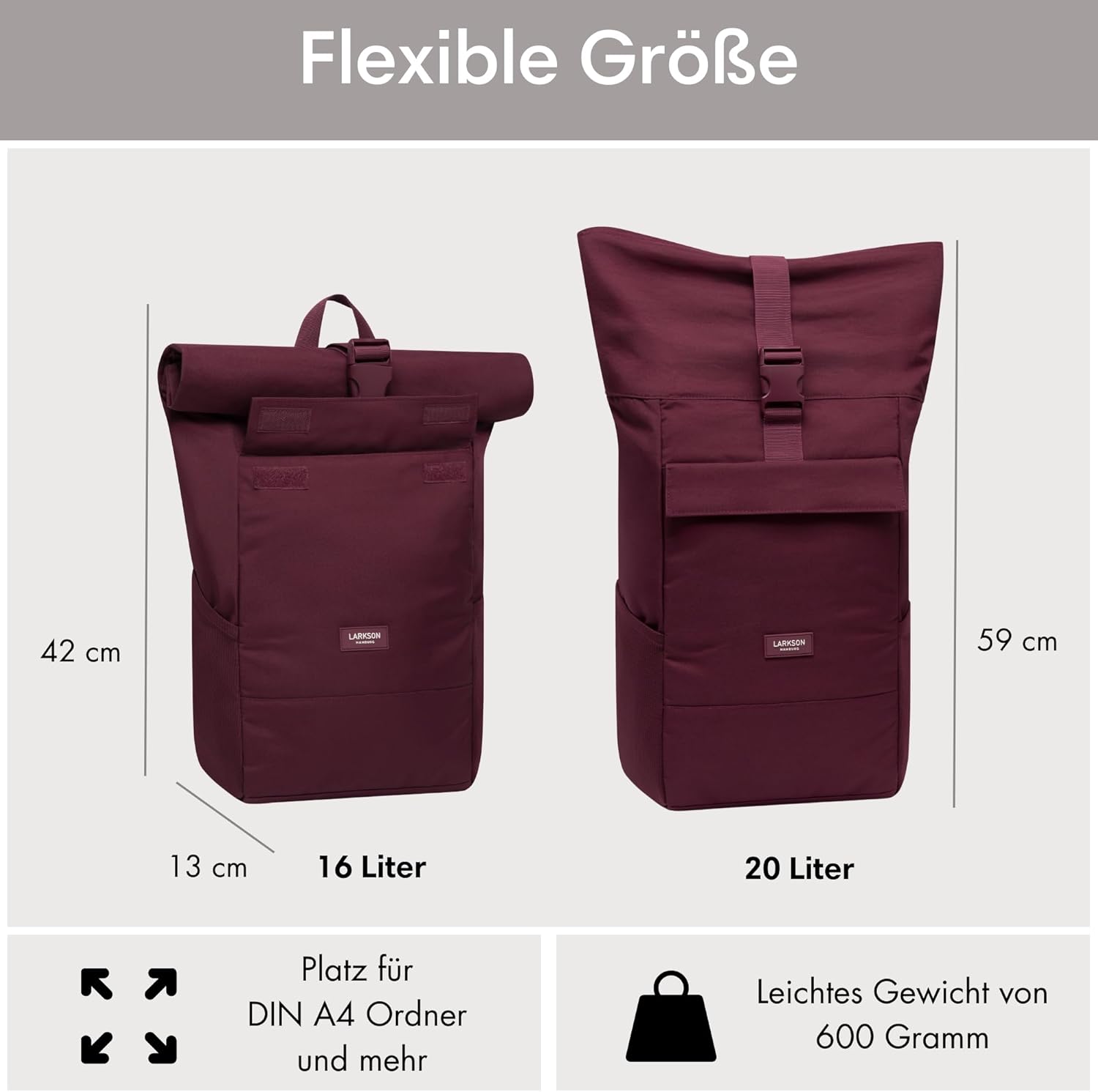 LARKSON Rucksack Damen & Herren - No 4 - Rolltop Backpack Mit Laptopfach Uni, Arbeit & Fahrrad - Großer Reiserucksack - Wasserabweisend