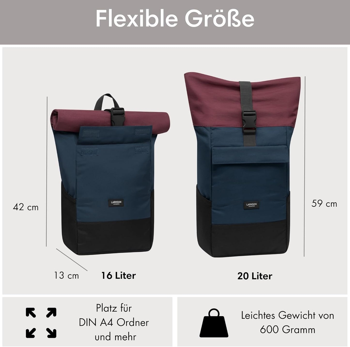 LARKSON Rucksack Damen & Herren - No 4 - Rolltop Backpack Mit Laptopfach Uni, Arbeit & Fahrrad - Großer Reiserucksack - Wasserabweisend
