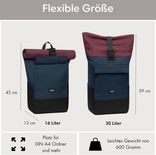 LARKSON Rucksack Damen & Herren - No 4 - Rolltop Backpack Mit Laptopfach Uni, Arbeit & Fahrrad - Großer Reiserucksack - Wasserabweisend
