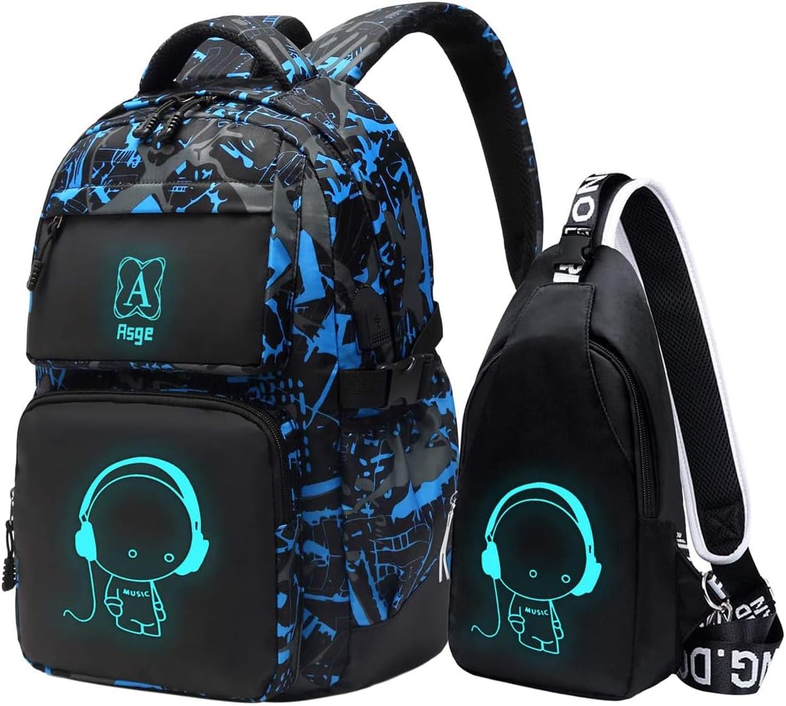 Asge Rucksack Jungen Schulrucksack Mädchen Teenager Jugendliche Coole Schule Daypacks Kinder Reflektierender Schultasche Outdoor Camping Groß Schulranzen Wasserdicht Ranzen Schultertaschen Set