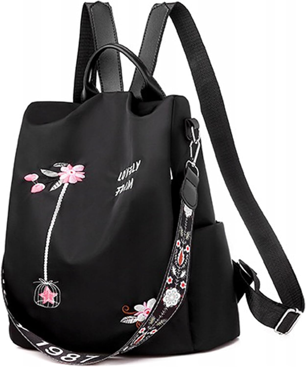 Little Angel Damen Rucksack Mit Stickerei – 2-In-1 Rucksack & Handtasche Mit Blumenmotiv – Umhängetasche Multifunktional Für Alltag, Reisen, Uni, Schule – Wasserabweisend, Leicht, Modisch