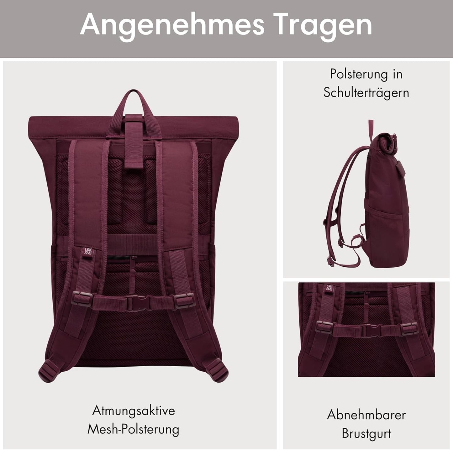LARKSON Rucksack Damen & Herren - No 4 - Rolltop Backpack Mit Laptopfach Uni, Arbeit & Fahrrad - Großer Reiserucksack - Wasserabweisend