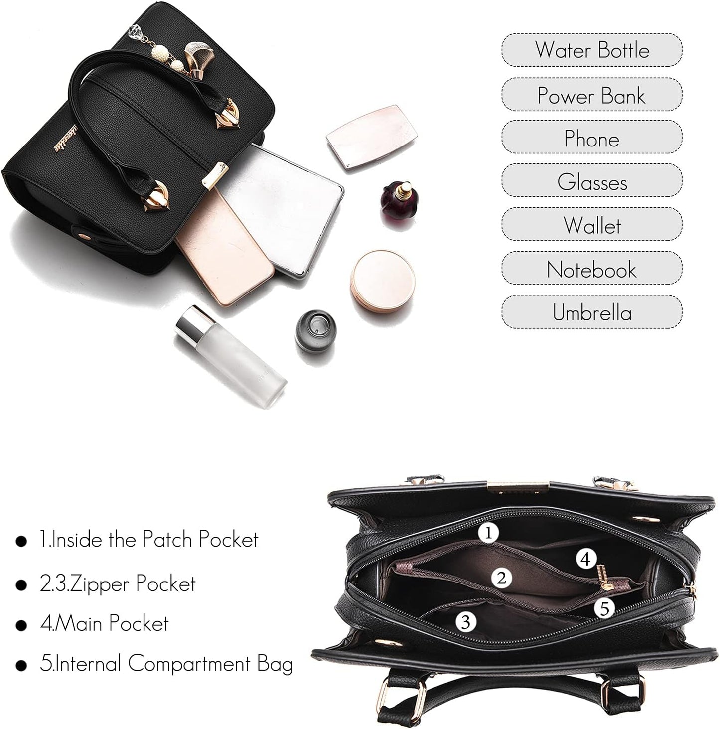 FANDARE Damen Handtasche Umhängetasche Frauen Schulterbeutel Shopper Tote Reise Henkeltasche Schulterriemen Abendtasche Citytasche Wasserdicht PU Leder Schwarz A