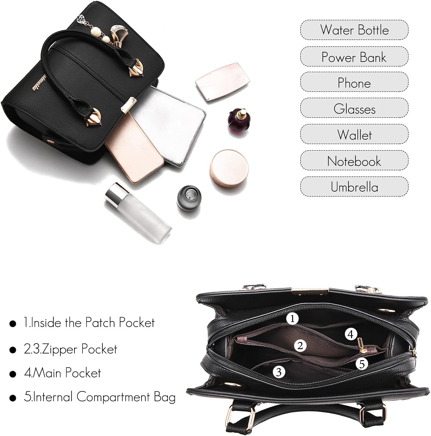 FANDARE Damen Handtasche Umhängetasche Frauen Schulterbeutel Shopper Tote Reise Henkeltasche Schulterriemen Abendtasche Citytasche Wasserdicht PU Leder Schwarz A