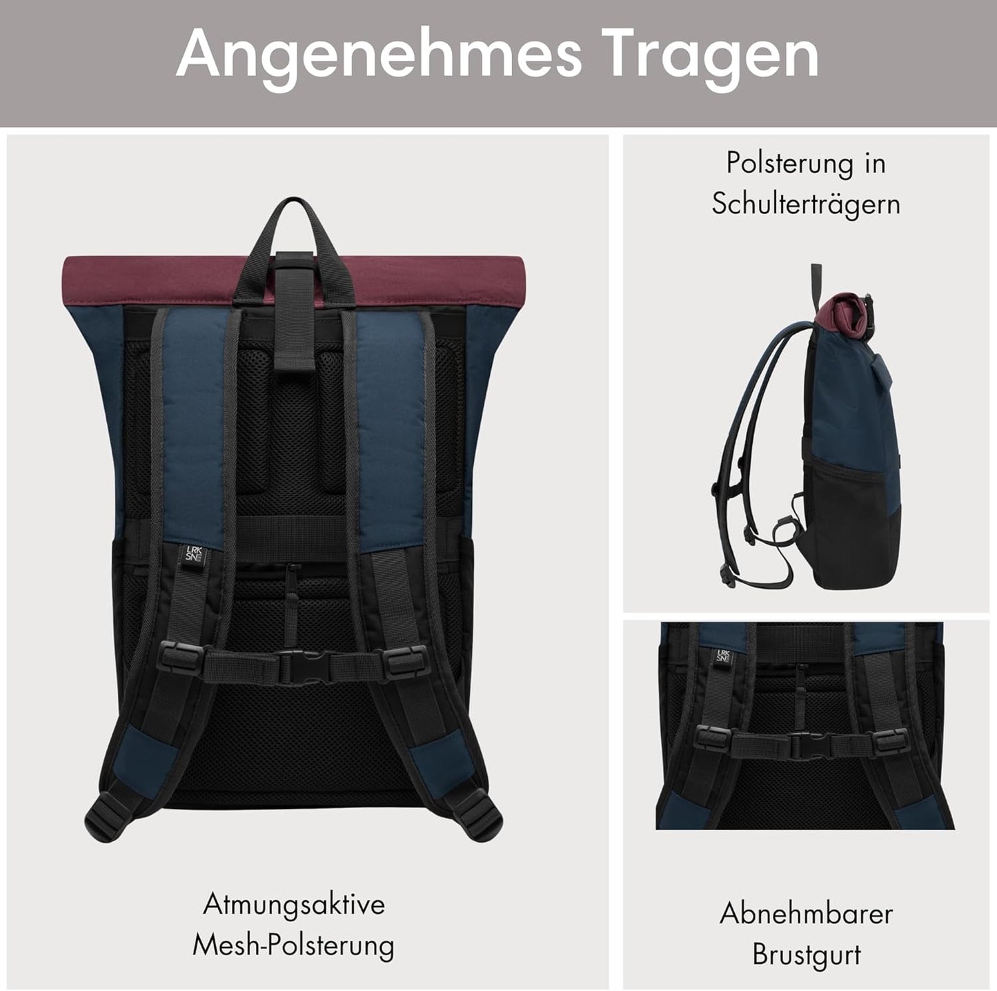 LARKSON Rucksack Damen & Herren - No 4 - Rolltop Backpack Mit Laptopfach Uni, Arbeit & Fahrrad - Großer Reiserucksack - Wasserabweisend