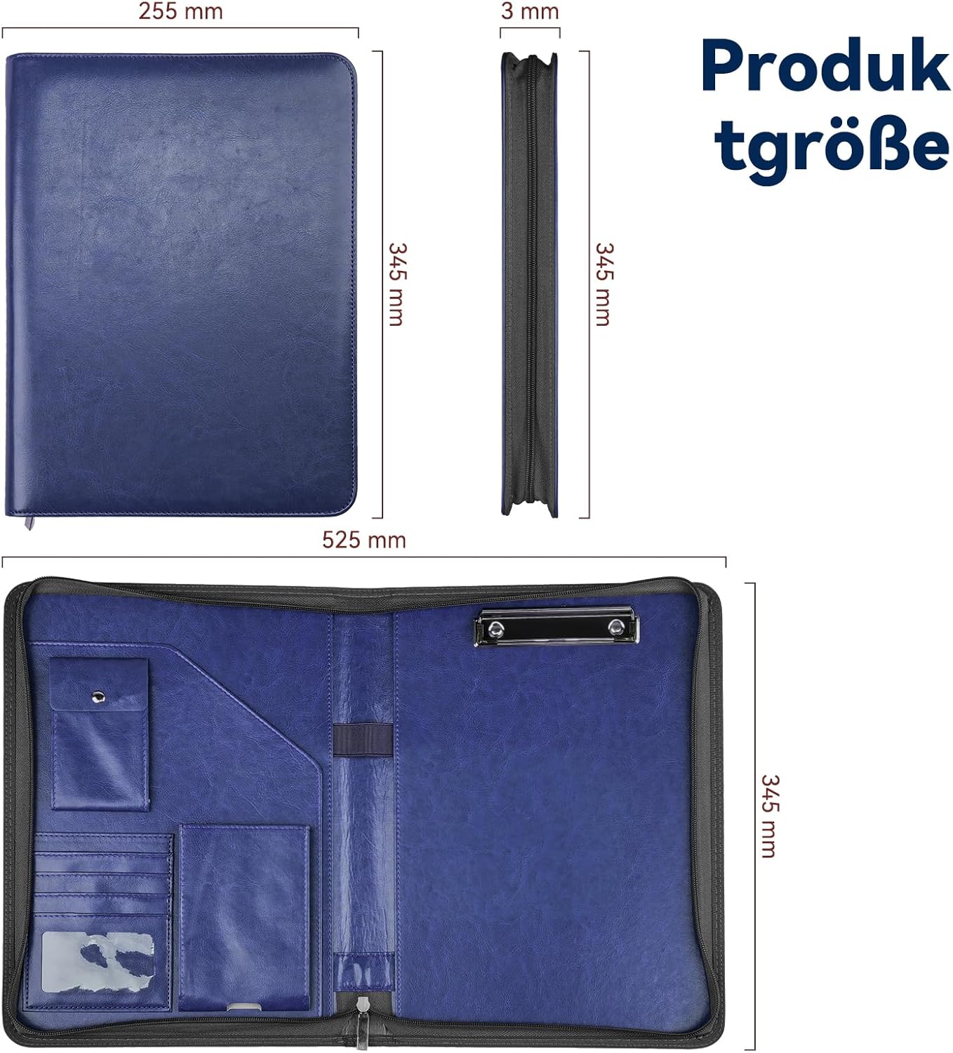 NEWYES Dokumentenmappe A4, Wasserabweisend Mit Reißverschluss &Klemmbrett, Kunstleder Mappe Ideal Für Geschäftsreisen, Lehrer Als Herrengeschenk Oder Für Den Büroalltag – Dunkelblau