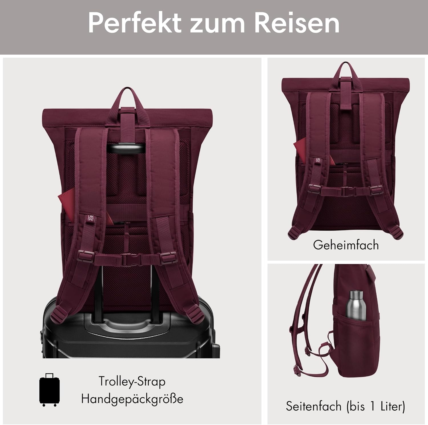 LARKSON Rucksack Damen & Herren - No 4 - Rolltop Backpack Mit Laptopfach Uni, Arbeit & Fahrrad - Großer Reiserucksack - Wasserabweisend