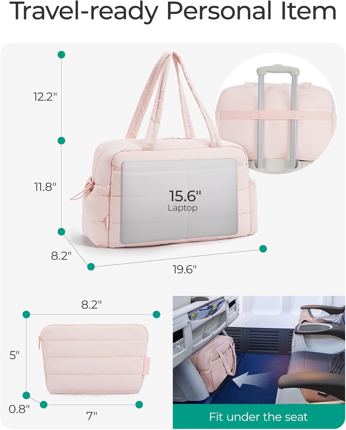 Bagsmart Reisetasche Sporttasche Damen, 31L Wasserabweisend Puffer Handgepäck Tasche Weekender Bag Gesteppt Laptop-Handgepäck Mit Kosmetiktasche, Kliniktasche Geburt Für Gym, Fitness, Arbeit, Rosa