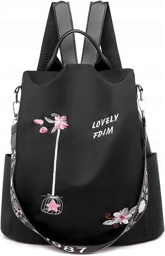 Little Angel Damen Rucksack Mit Stickerei – 2-In-1 Rucksack & Handtasche Mit Blumenmotiv – Umhängetasche Multifunktional Für Alltag, Reisen, Uni, Schule – Wasserabweisend, Leicht, Modisch
