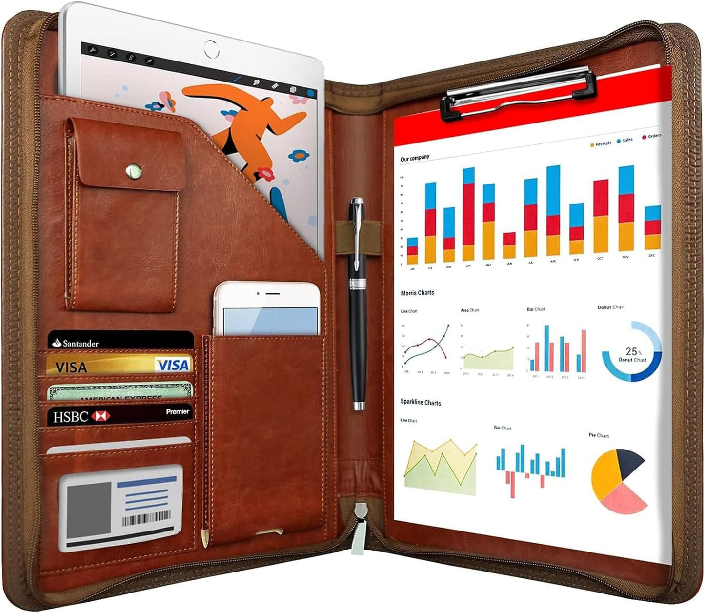 NEWYES NY-A403-BN-EU Konferenzmappe Aus Leder, Mit Reißverschluss, A4, Reisedokumentenmappe, Portfolio-Reisetasche, Persönlicher Agenda-Organizer, 33,5 Cm X 25 Cm X 3,5 Cm