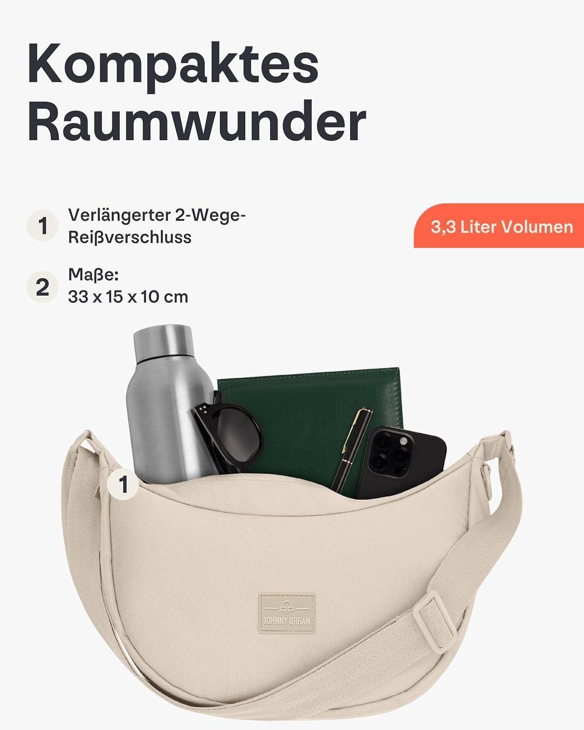 Johnny Urban Crossbody Bag Damen & Herren Beige - Ally Medium - Moon Bag Design - Umhängetasche Im Halbmond Stil - Halbrunde Tasche Mit Verstellbarem Gurt - Wasserabweisend