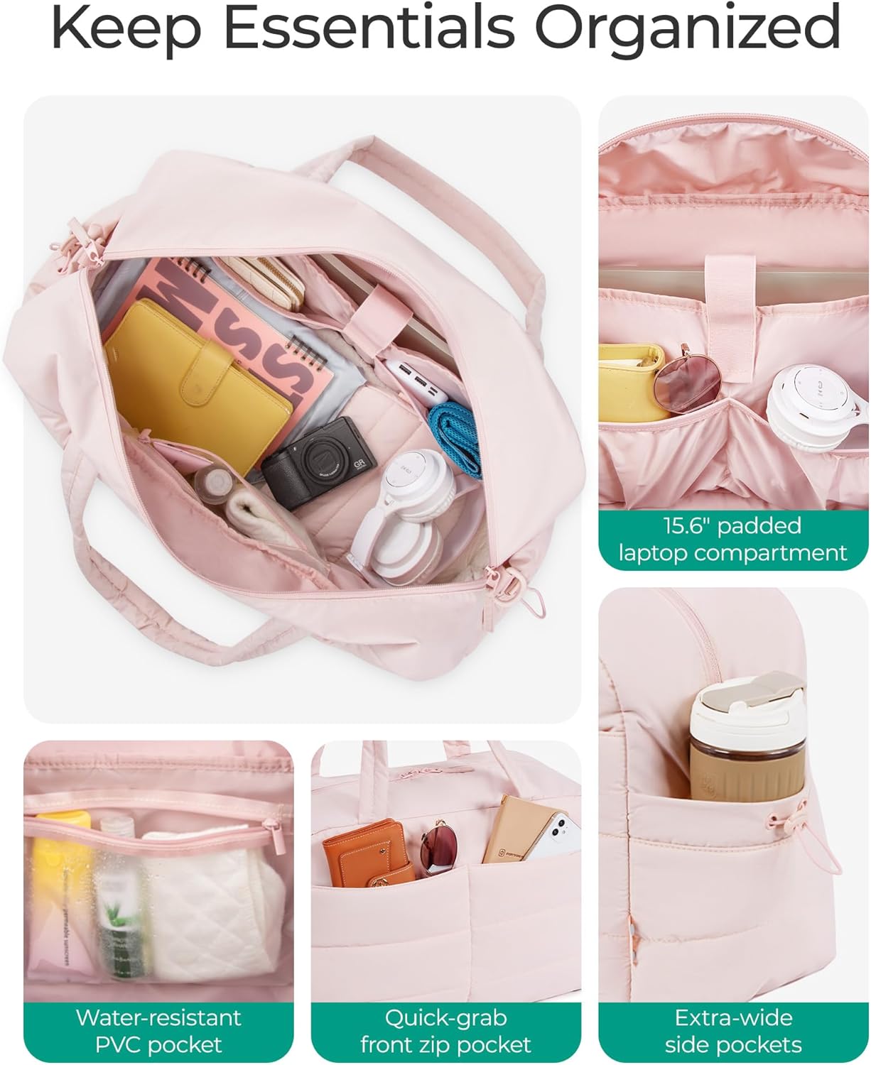 Bagsmart Reisetasche Sporttasche Damen, 31L Wasserabweisend Puffer Handgepäck Tasche Weekender Bag Gesteppt Laptop-Handgepäck Mit Kosmetiktasche, Kliniktasche Geburt Für Gym, Fitness, Arbeit, Rosa