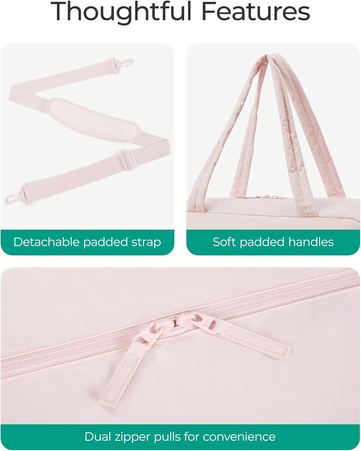 Bagsmart Reisetasche Sporttasche Damen, 31L Wasserabweisend Puffer Handgepäck Tasche Weekender Bag Gesteppt Laptop-Handgepäck Mit Kosmetiktasche, Kliniktasche Geburt Für Gym, Fitness, Arbeit, Rosa