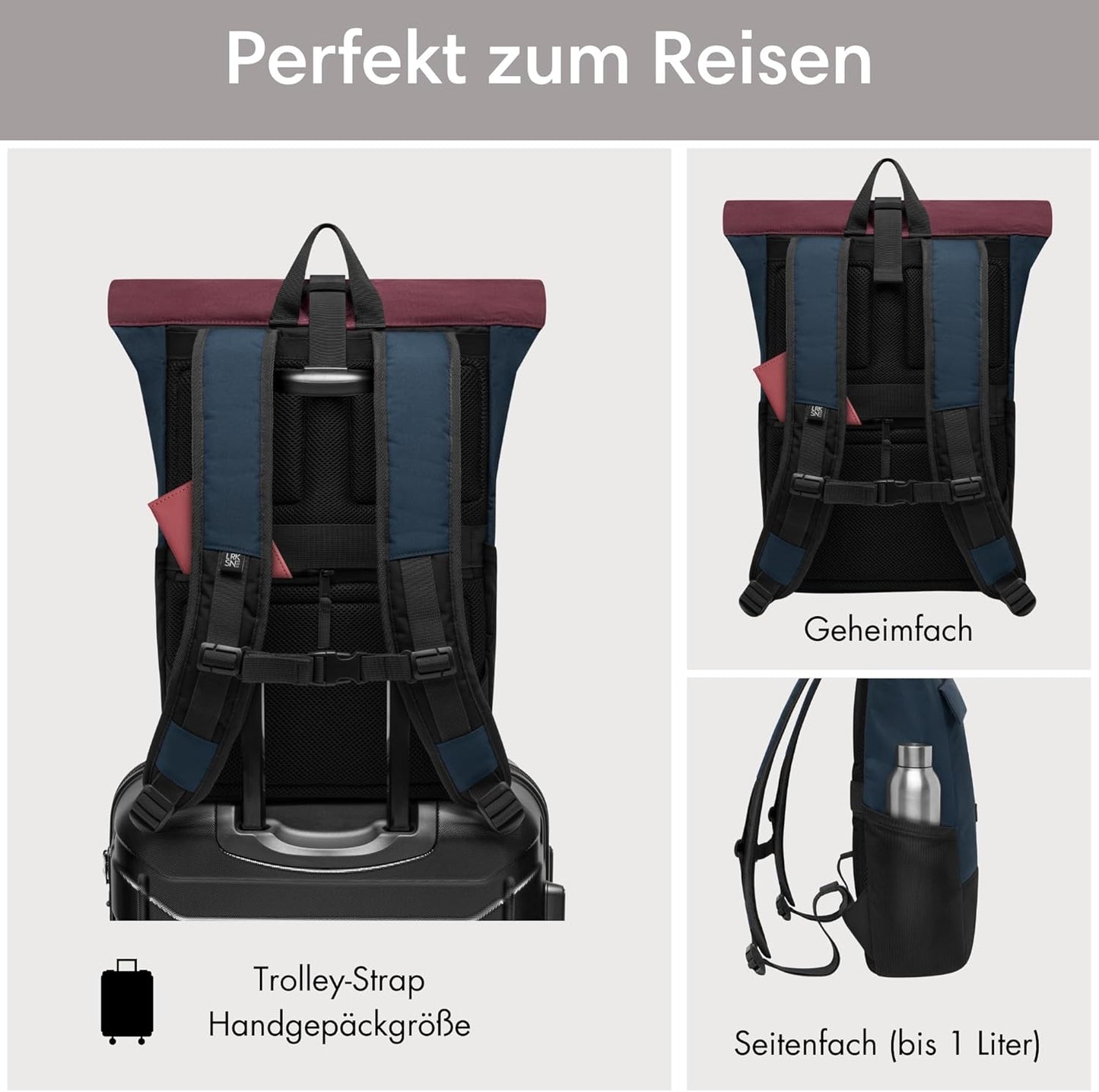 LARKSON Rucksack Damen & Herren - No 4 - Rolltop Backpack Mit Laptopfach Uni, Arbeit & Fahrrad - Großer Reiserucksack - Wasserabweisend
