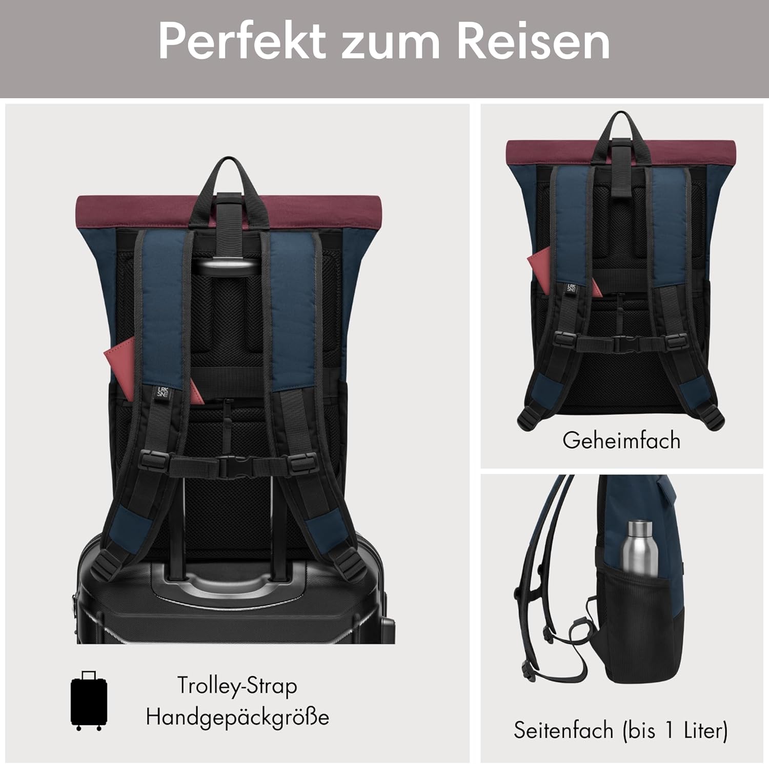 LARKSON Rucksack Damen & Herren - No 4 - Rolltop Backpack Mit Laptopfach Uni, Arbeit & Fahrrad - Großer Reiserucksack - Wasserabweisend