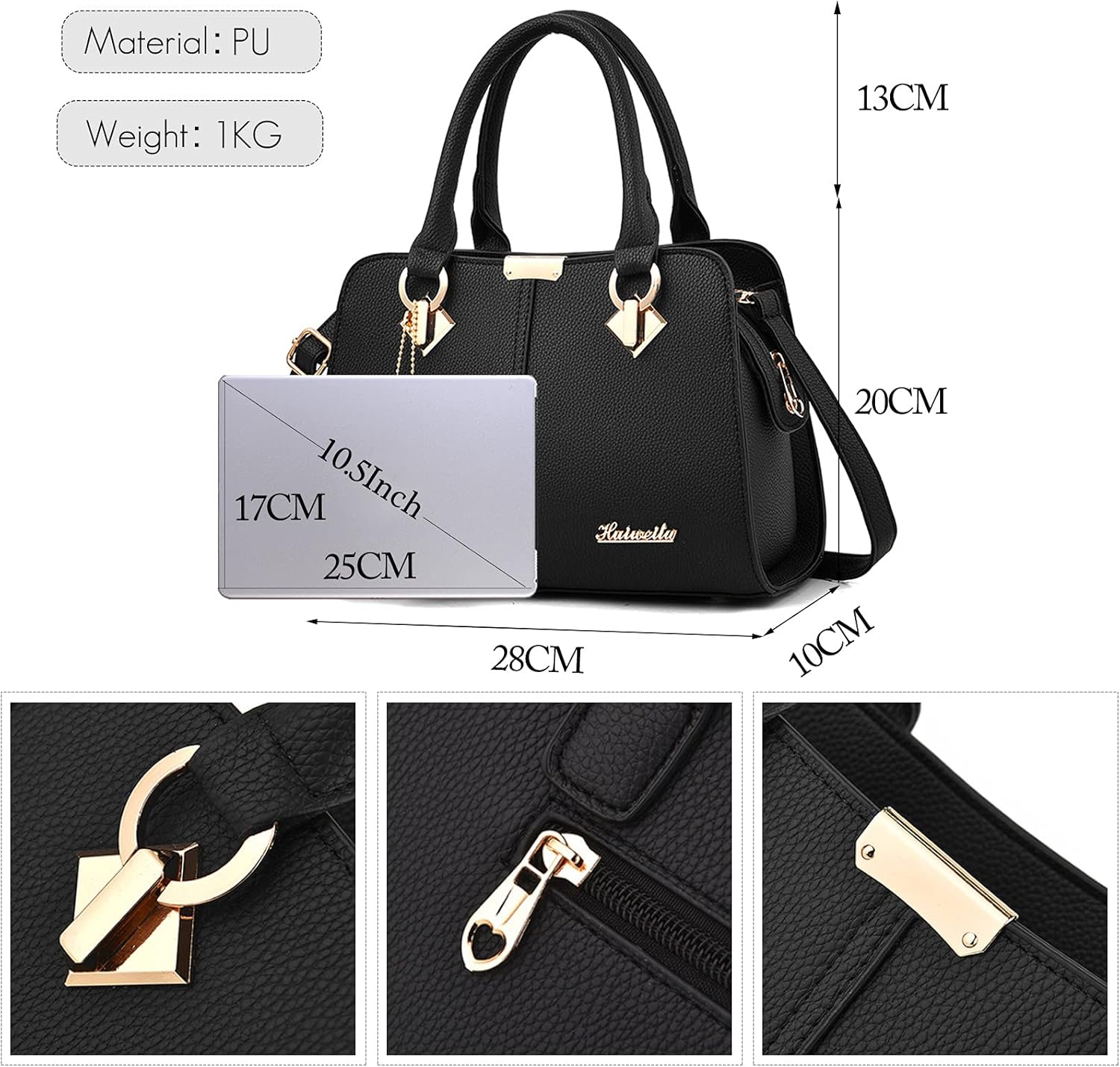 FANDARE Damen Handtasche Umhängetasche Frauen Schulterbeutel Shopper Tote Reise Henkeltasche Schulterriemen Abendtasche Citytasche Wasserdicht PU Leder Schwarz A