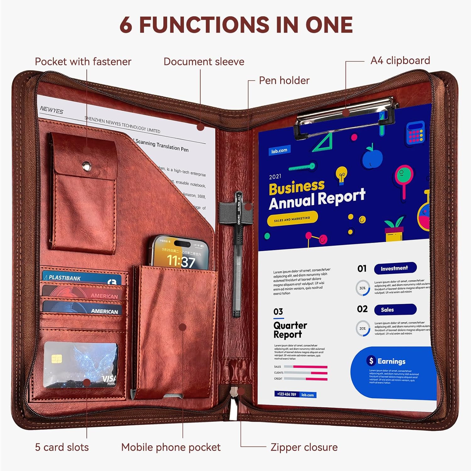NEWYES NY-A403-BN-EU Konferenzmappe Aus Leder, Mit Reißverschluss, A4, Reisedokumentenmappe, Portfolio-Reisetasche, Persönlicher Agenda-Organizer, 33,5 Cm X 25 Cm X 3,5 Cm
