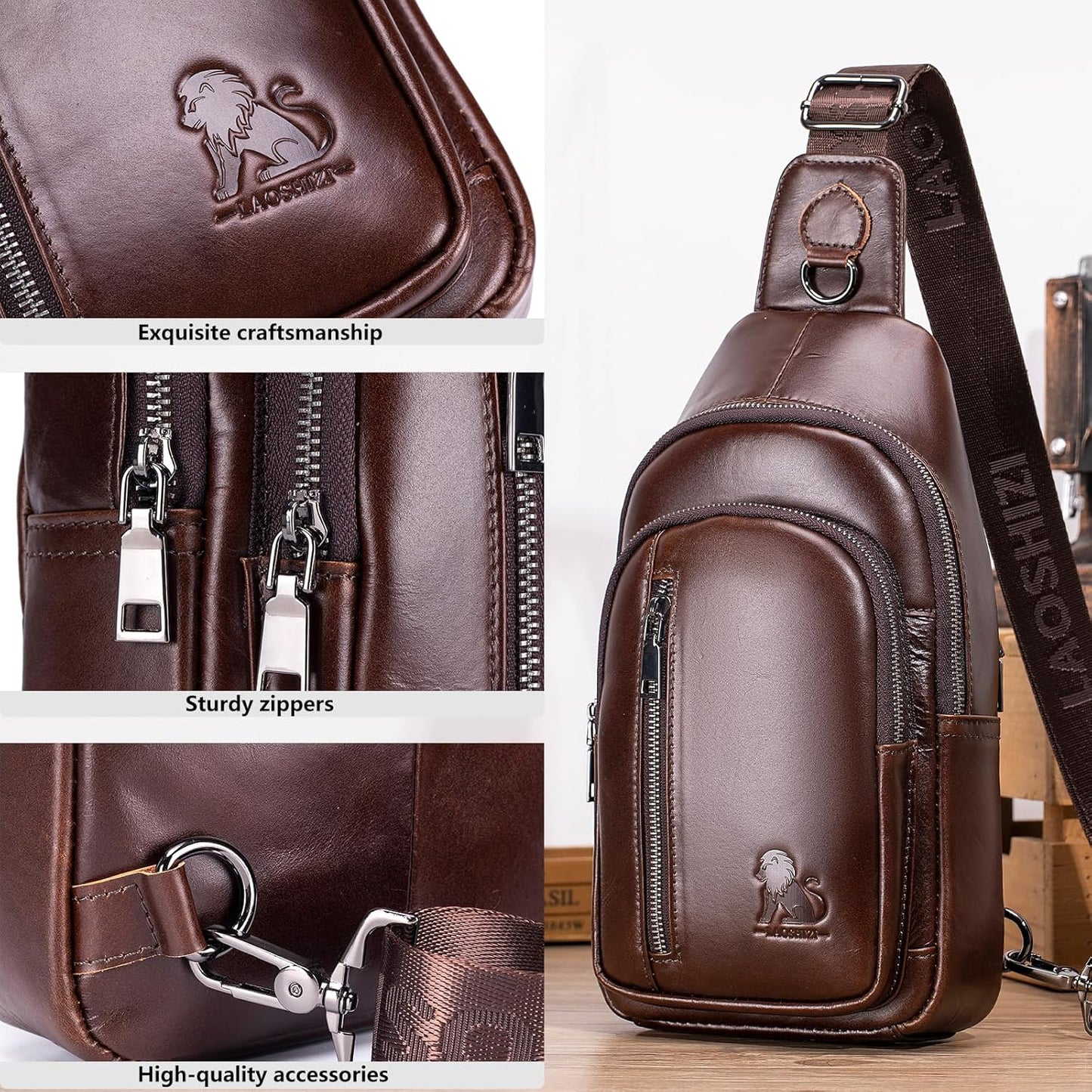 Pundarika Umhängetasche Herren Leder Brusttasche Herren Sling Bag,Männer Tasche Echtes Leder Crossbody Bag,Tasche Schultertasch Multifunktional,Verstellbarer Schultergurt