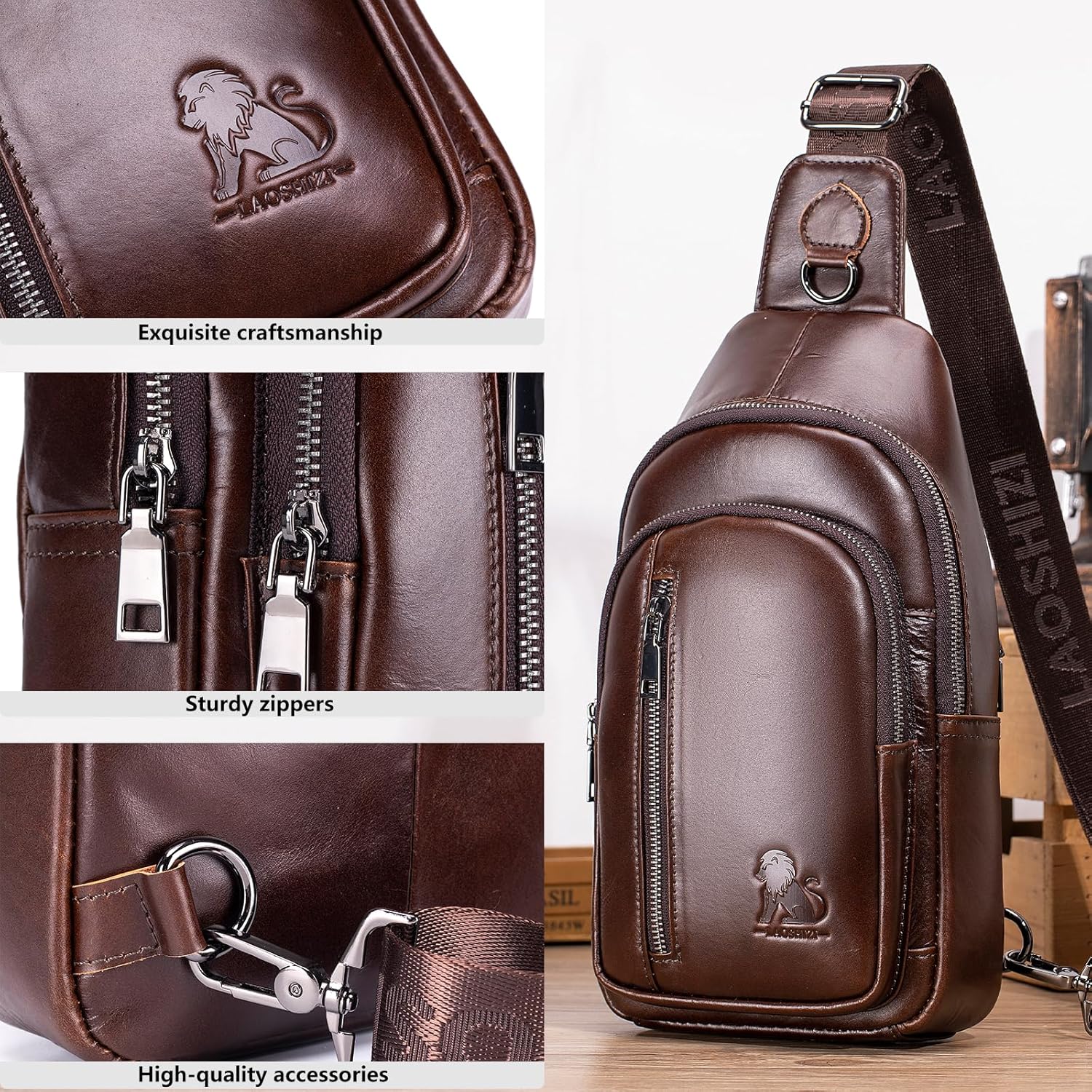 Pundarika Umhängetasche Herren Leder Brusttasche Herren Sling Bag,Männer Tasche Echtes Leder Crossbody Bag,Tasche Schultertasch Multifunktional,Verstellbarer Schultergurt