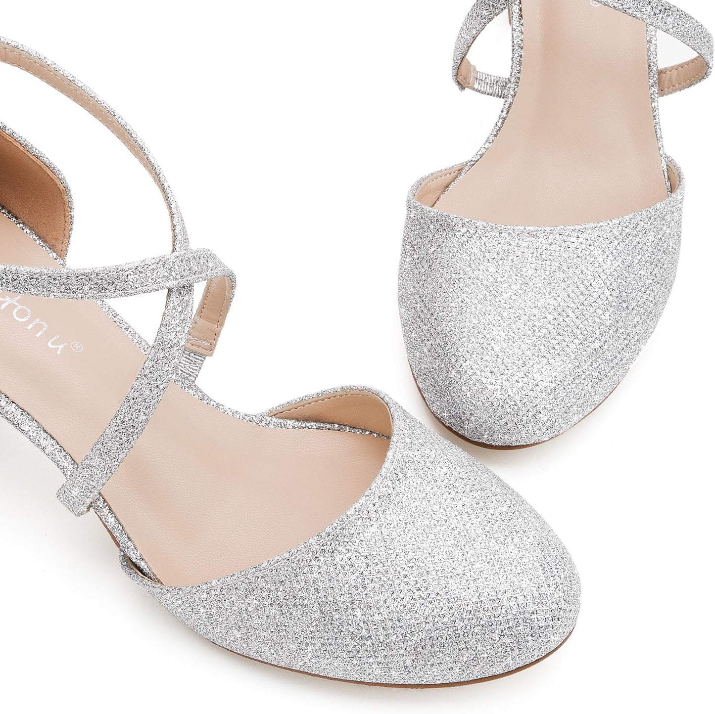 Greatonu Damen Pumps Riemchenpumps Spangenpumps Sandale Mit Kreuz Knöchelriemen Blockabsatz Geschlossener Spitze Glitzer Pumps - Perfekt Für Hochzeiten Und Partys