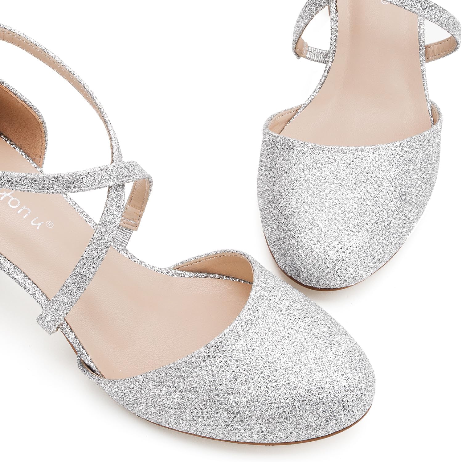 Greatonu Damen Pumps Riemchenpumps Spangenpumps Sandale Mit Kreuz Knöchelriemen Blockabsatz Geschlossener Spitze Glitzer Pumps - Perfekt Für Hochzeiten Und Partys