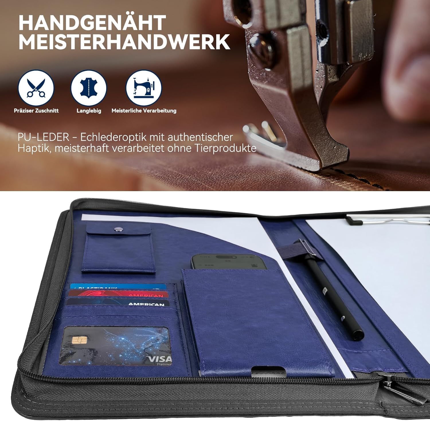 NEWYES Dokumentenmappe A4, Wasserabweisend Mit Reißverschluss &Klemmbrett, Kunstleder Mappe Ideal Für Geschäftsreisen, Lehrer Als Herrengeschenk Oder Für Den Büroalltag – Dunkelblau