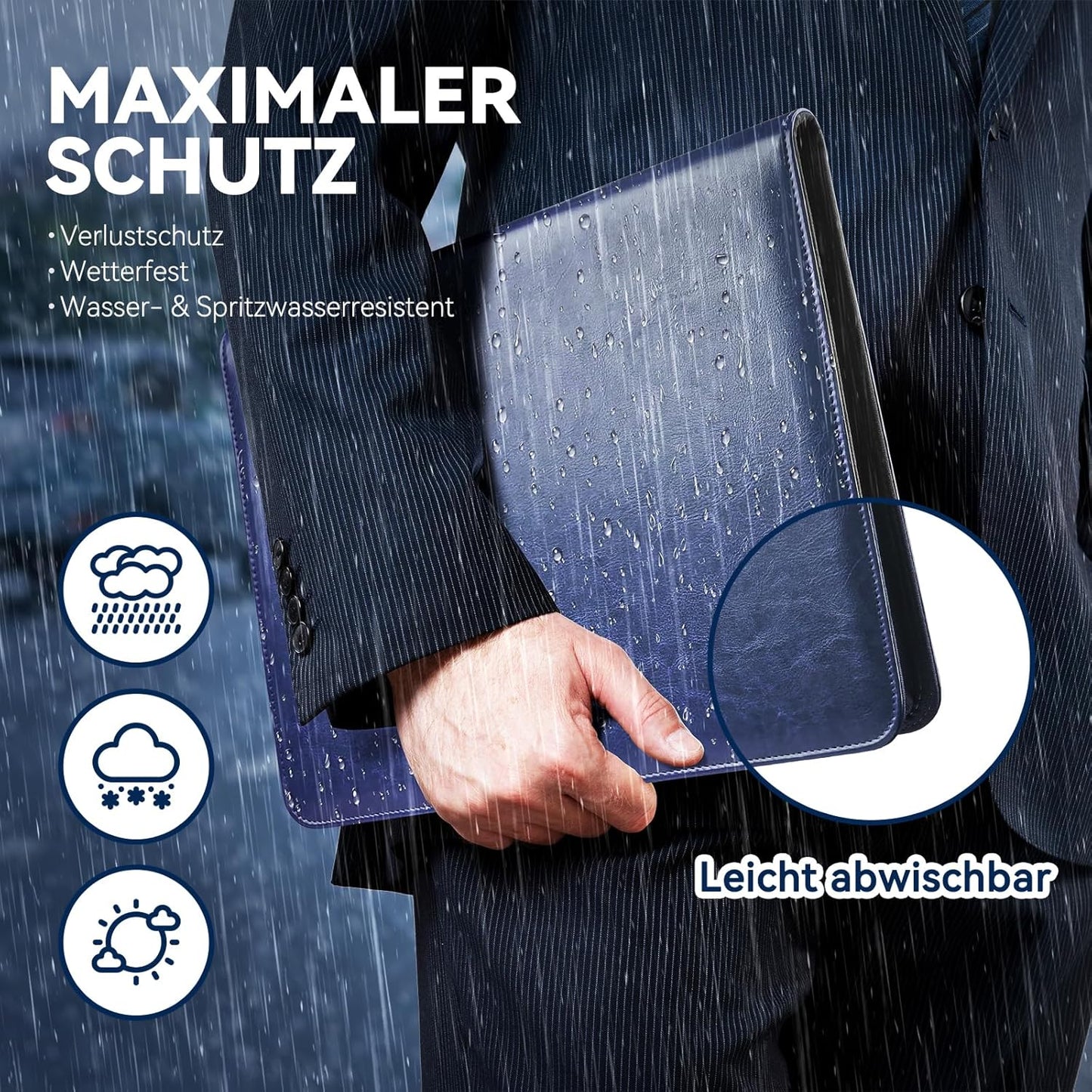 NEWYES Dokumentenmappe A4, Wasserabweisend Mit Reißverschluss &Klemmbrett, Kunstleder Mappe Ideal Für Geschäftsreisen, Lehrer Als Herrengeschenk Oder Für Den Büroalltag – Dunkelblau