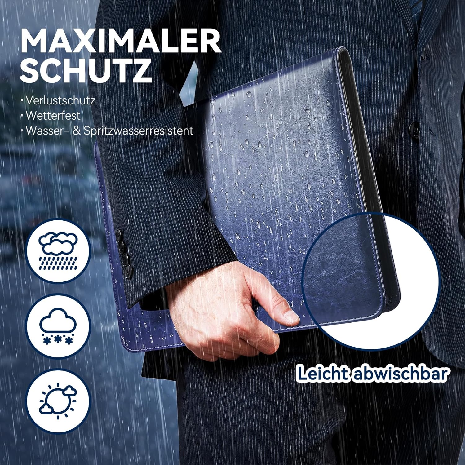 NEWYES Dokumentenmappe A4, Wasserabweisend Mit Reißverschluss &Klemmbrett, Kunstleder Mappe Ideal Für Geschäftsreisen, Lehrer Als Herrengeschenk Oder Für Den Büroalltag – Dunkelblau