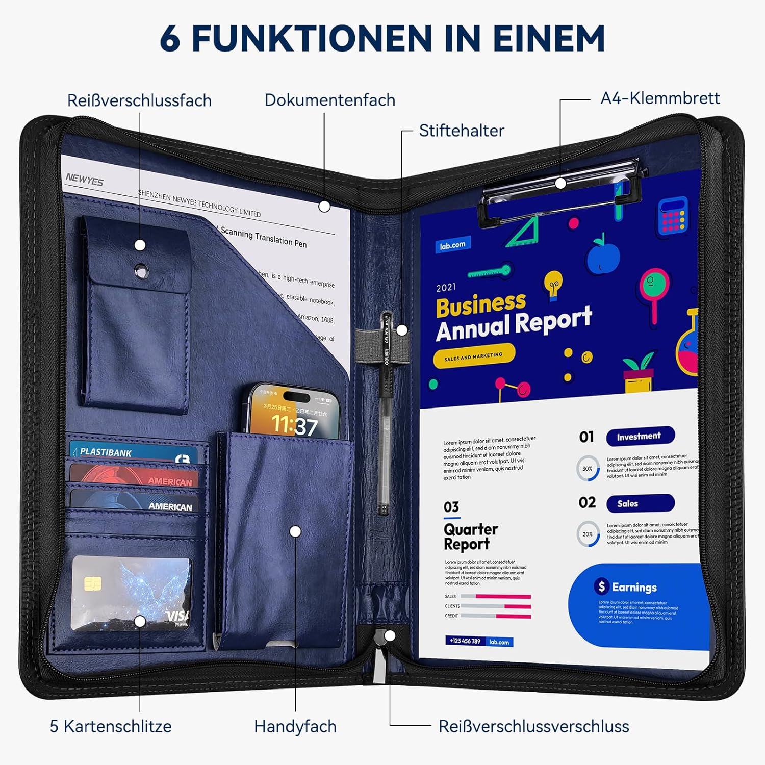 NEWYES Dokumentenmappe A4, Wasserabweisend Mit Reißverschluss &Klemmbrett, Kunstleder Mappe Ideal Für Geschäftsreisen, Lehrer Als Herrengeschenk Oder Für Den Büroalltag – Dunkelblau