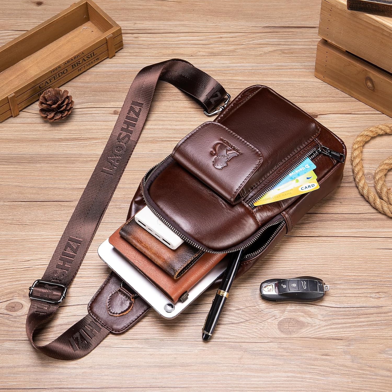 Pundarika Umhängetasche Herren Leder Brusttasche Herren Sling Bag,Männer Tasche Echtes Leder Crossbody Bag,Tasche Schultertasch Multifunktional,Verstellbarer Schultergurt