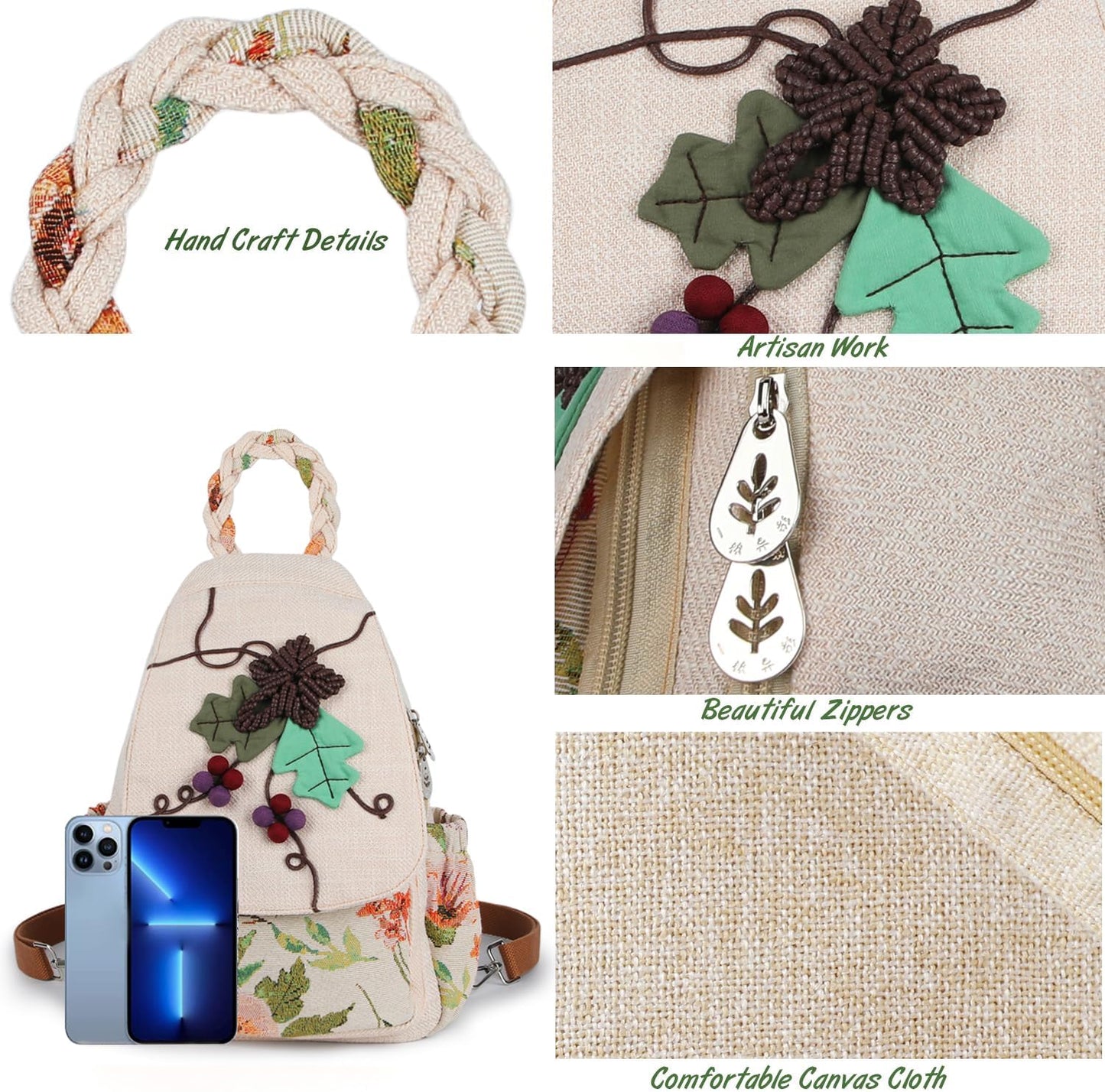 Umwandelbare Umhängetasche Für Mädchen, Handgefertigte Handtasche, Wunderschöner, Hochwertiger, Lässiger Tages-Mini-Rucksack Aus Segeltuch Für Frauen in Grün