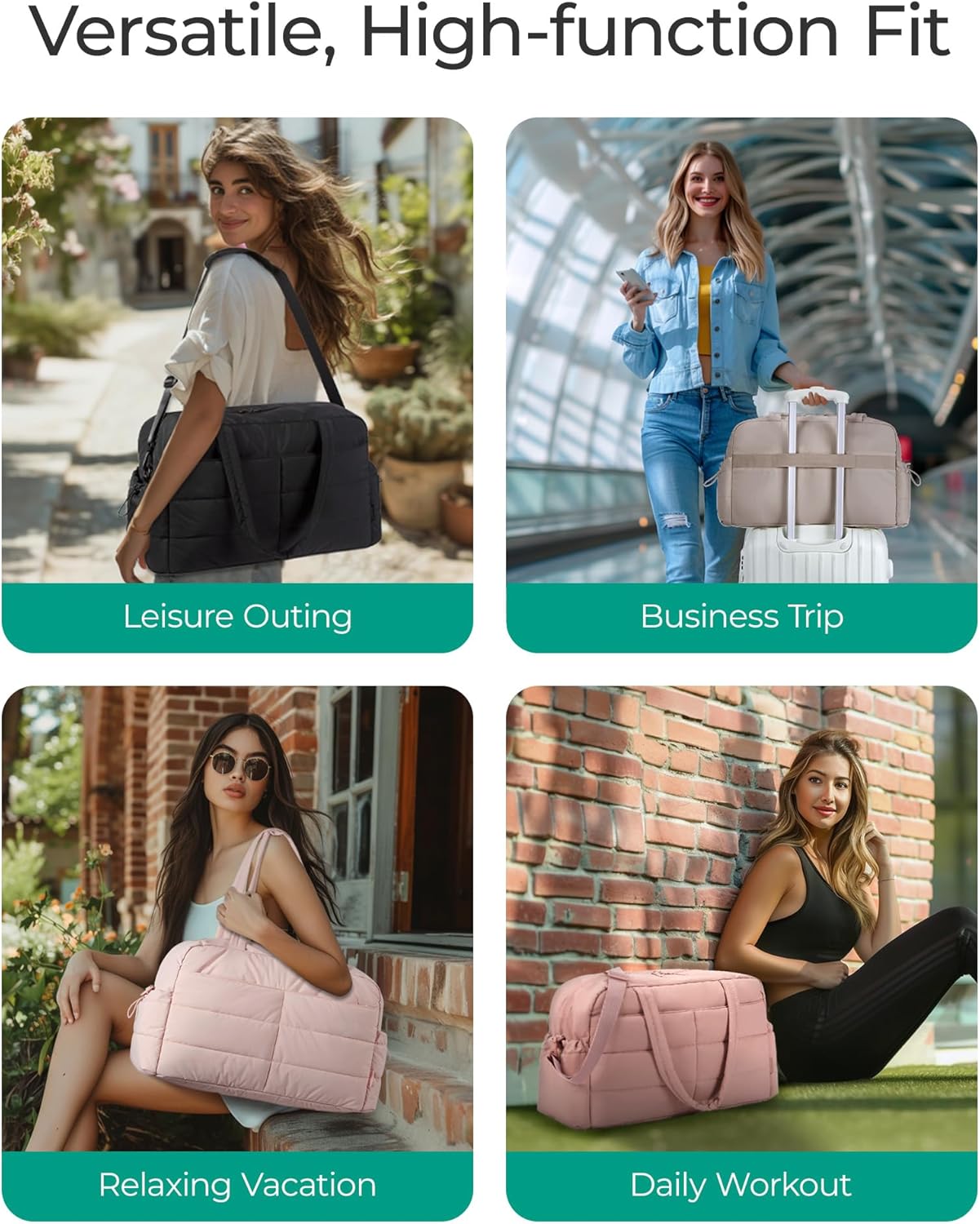 Bagsmart Reisetasche Sporttasche Damen, 31L Wasserabweisend Puffer Handgepäck Tasche Weekender Bag Gesteppt Laptop-Handgepäck Mit Kosmetiktasche, Kliniktasche Geburt Für Gym, Fitness, Arbeit, Rosa