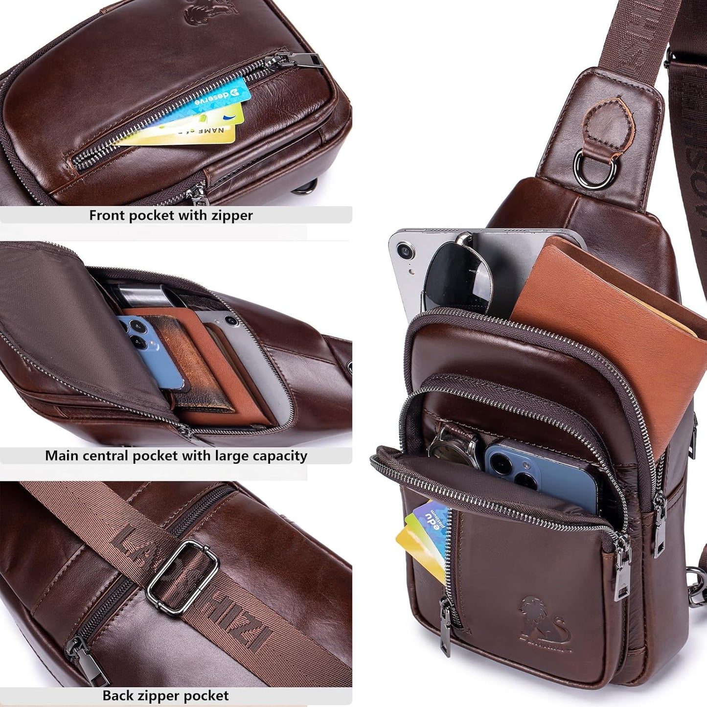 Pundarika Umhängetasche Herren Leder Brusttasche Herren Sling Bag,Männer Tasche Echtes Leder Crossbody Bag,Tasche Schultertasch Multifunktional,Verstellbarer Schultergurt