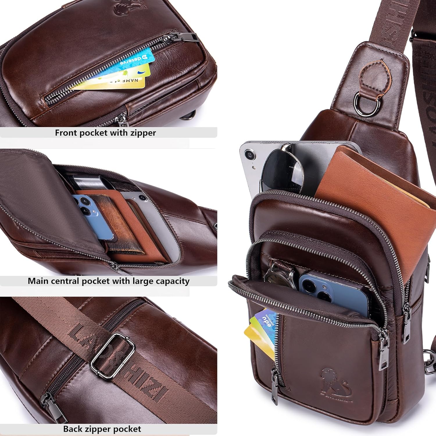 Pundarika Umhängetasche Herren Leder Brusttasche Herren Sling Bag,Männer Tasche Echtes Leder Crossbody Bag,Tasche Schultertasch Multifunktional,Verstellbarer Schultergurt