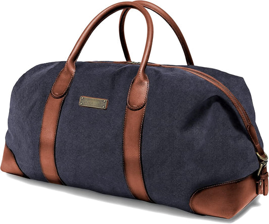 DRAKENSBERG Canvas Leder Weekender 'David' (55Cm) Reisetasche Herren Damen, Wasserabweisend, Erweiterbar | 45L, Marine-Blau, DR00156-M