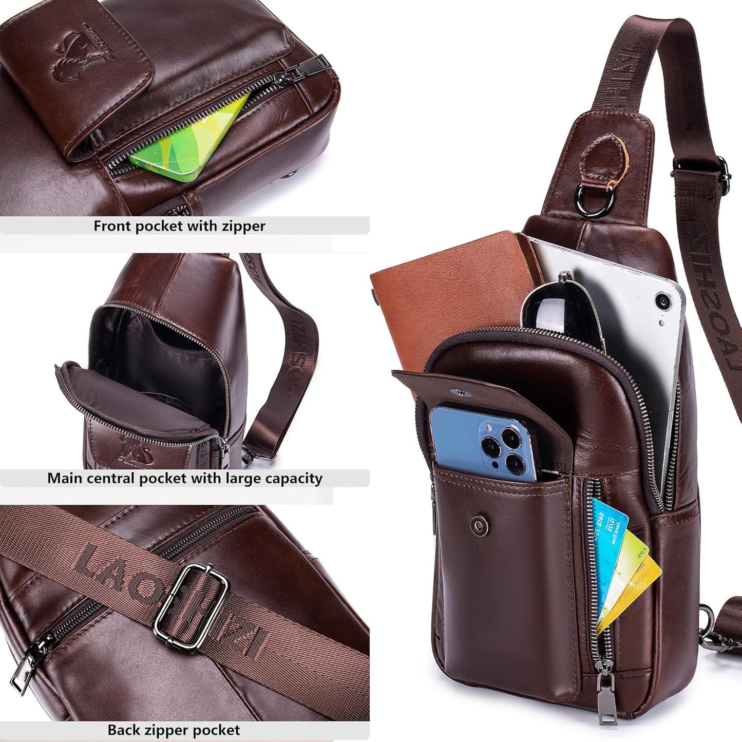 Pundarika Umhängetasche Herren Leder Brusttasche Herren Sling Bag,Männer Tasche Echtes Leder Crossbody Bag,Tasche Schultertasch Multifunktional,Verstellbarer Schultergurt