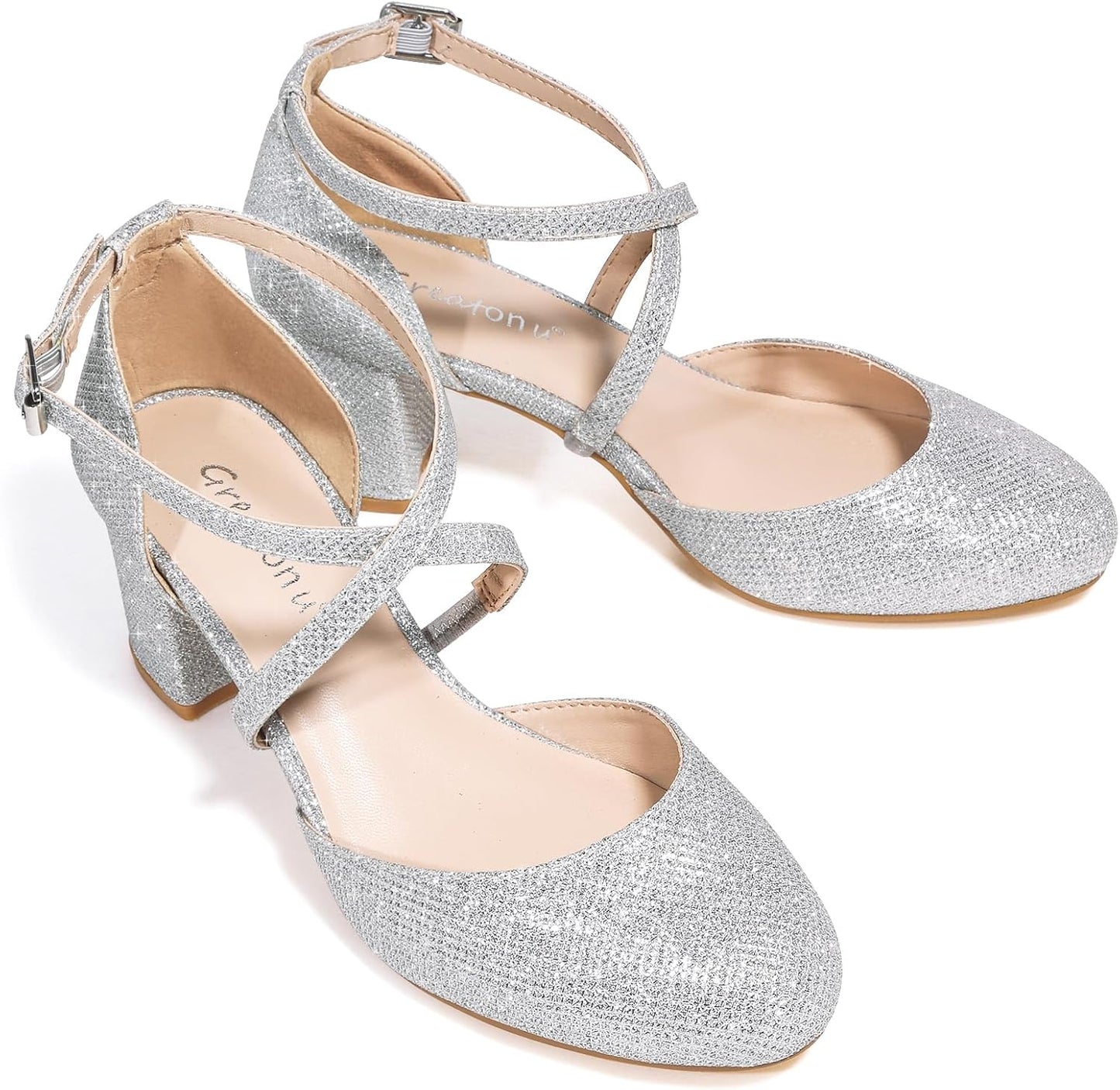 Greatonu Damen Pumps Riemchenpumps Spangenpumps Sandale Mit Kreuz Knöchelriemen Blockabsatz Geschlossener Spitze Glitzer Pumps - Perfekt Für Hochzeiten Und Partys