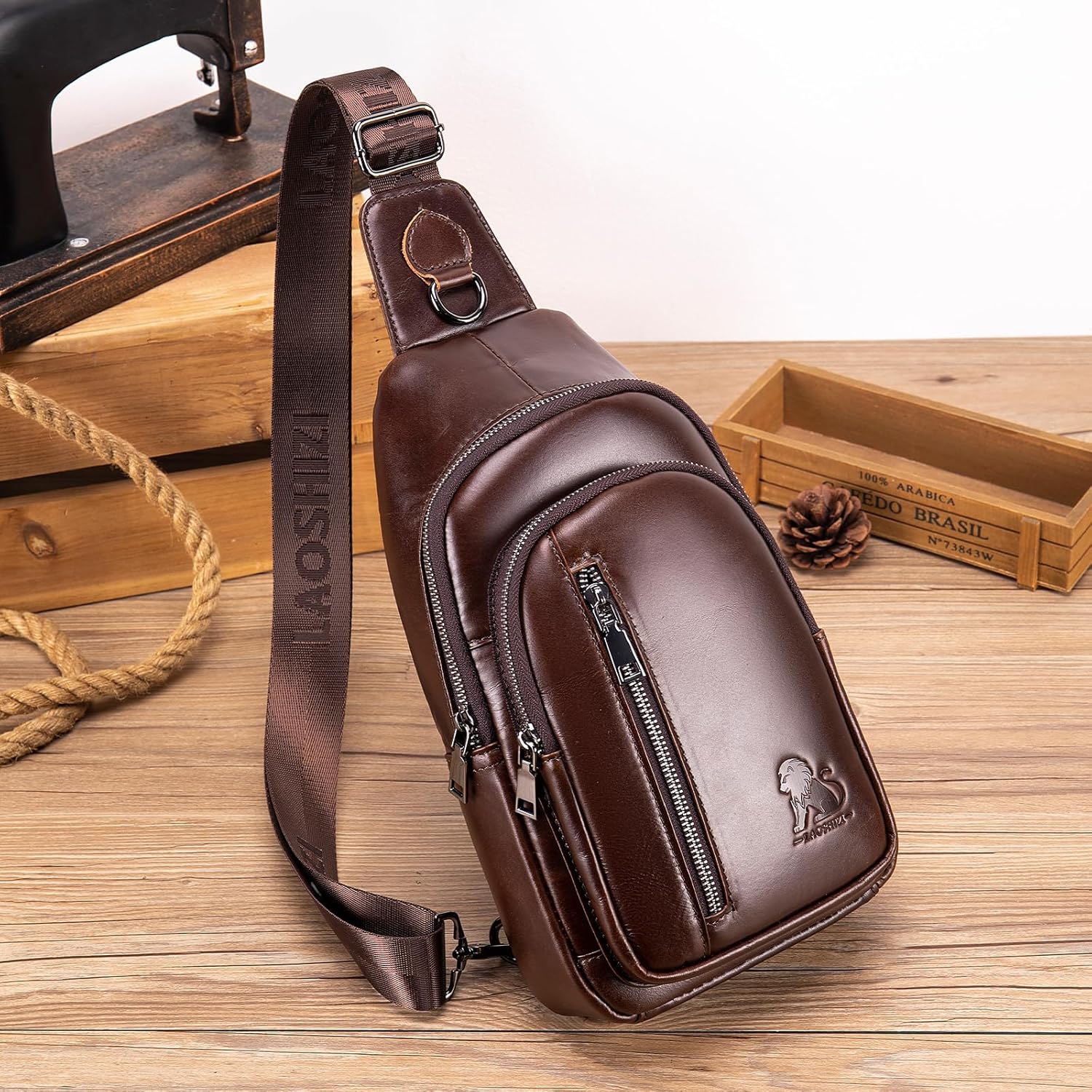 Pundarika Umhängetasche Herren Leder Brusttasche Herren Sling Bag,Männer Tasche Echtes Leder Crossbody Bag,Tasche Schultertasch Multifunktional,Verstellbarer Schultergurt