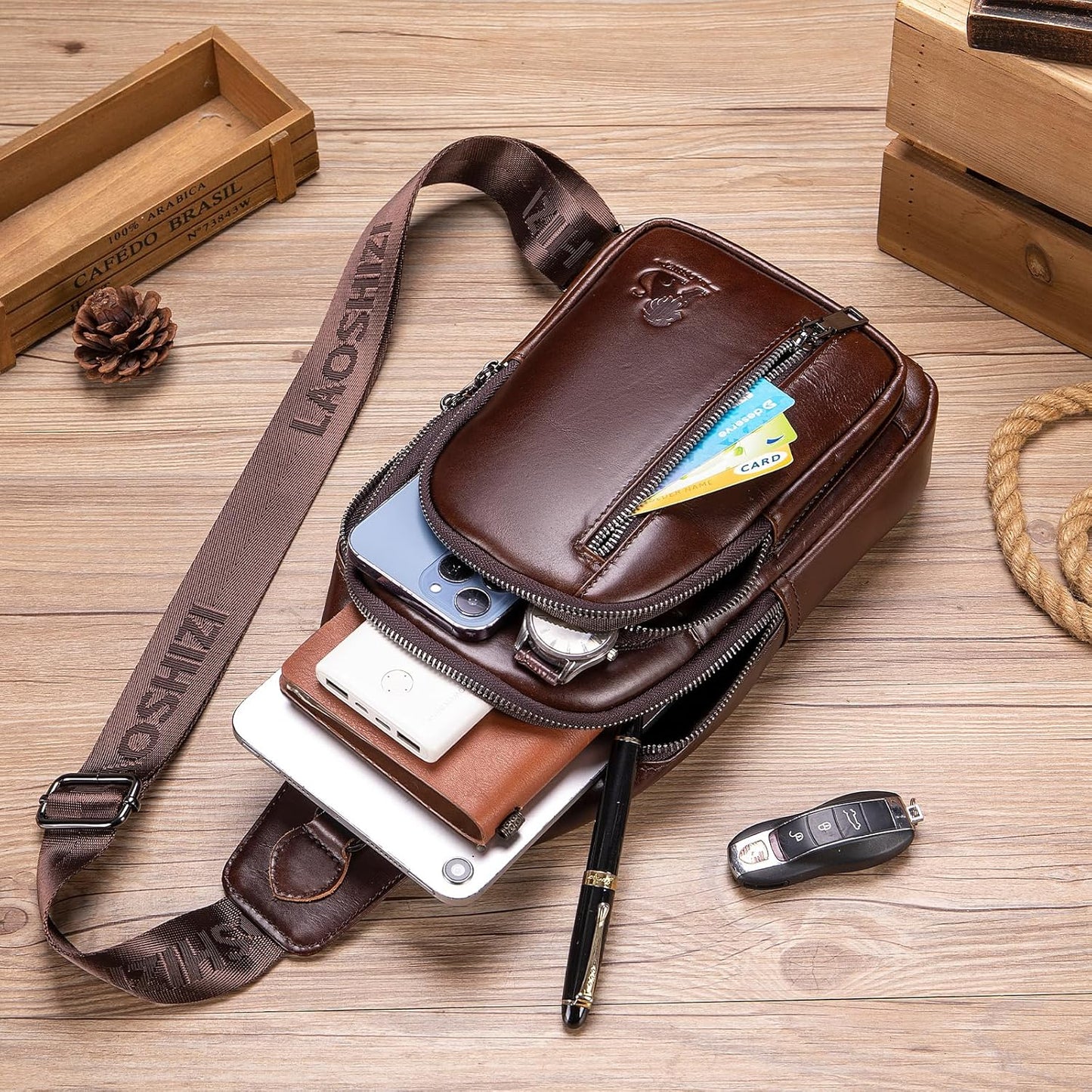 Pundarika Umhängetasche Herren Leder Brusttasche Herren Sling Bag,Männer Tasche Echtes Leder Crossbody Bag,Tasche Schultertasch Multifunktional,Verstellbarer Schultergurt